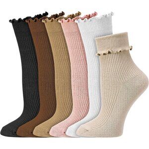Guiqulai 6 Pairs Ruffle Ankle Socks Women Cotton Knit Turn-Cuff Crew Socks